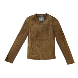 Soia & Kyo Brown Suede Zip Front Jacket Ribbed Knit Panels Slim Fit XS Chic Moto